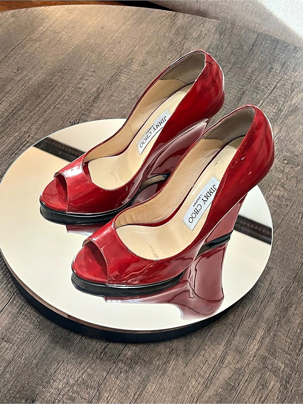Christian Louboutin Red Patent Peep-Toe Wedges Like New